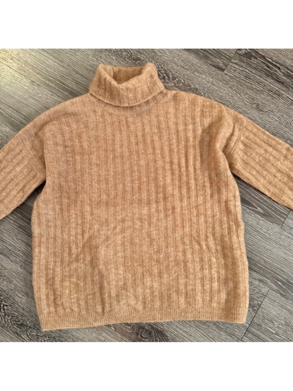 Just Female Glow Rollneck Mohair Ribbed Turtleneck Sweater in Camel Oversized